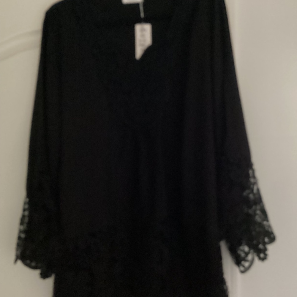 SoTeer V Neck Loose Top Flare Sleeve Lace Splice Blouse - Picture 5 of 8